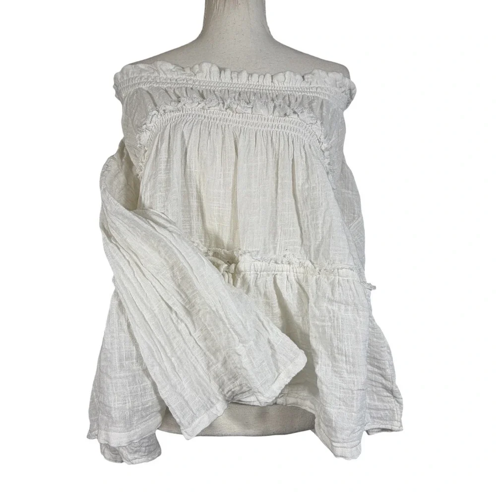 Free People‎ Peasant Top S Ivory Cotton Gauze Off Shoulder Bell Sleeve Boho